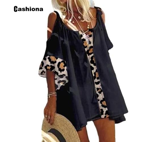 Patchwork 2021 Hollow Out Leopard Print Women Dresss Sexy V-neck Mini Vestidos Half Sleeve Perspective Female Short Dresses
