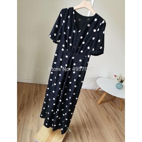 High Quality Silk 100% V Neck Dots Printed Button Front Dress Gathering Waist - 2019ss Ladies/Female Short Sleeve Long Dress