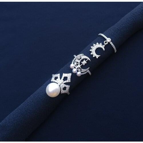 S925 sterling silver September new diamond moon pendant natural pearl star moon cross ring female light luxury banquet