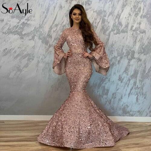 SoAyle Flare sleeves Prom Dresses 2019 Sequined Lace Embroidery Evening Dress Dubai Prom Dress Sexy Backless Vestidos De festa