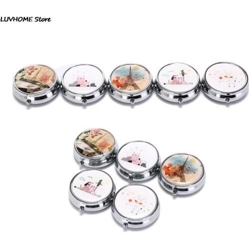1PCS Portable Metal Round Flower Print Organizer Cute Compartment Pill Case Divid Storage Tablet Container Medicine Box