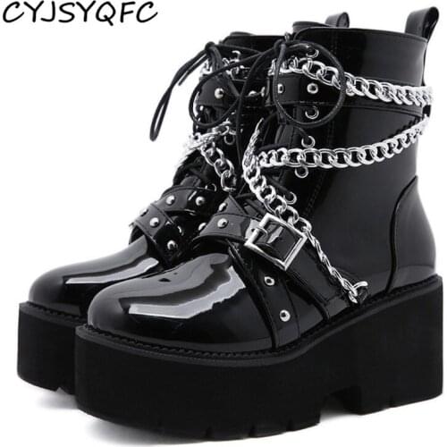 CYJSYQFC Autumn Winter Boots Women Punk Style Chain Buckle Strap Ankle Boots Square Heels Thick Sole Platform Lady Short Boots