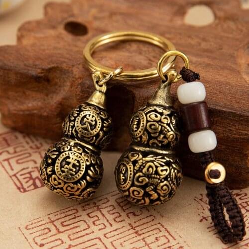 Pure Brass Auspicious Cloud Dragon Gourd Car Pendant Auspicious Ruyi Fulu Braided Rope Buckle Ring Key Ring