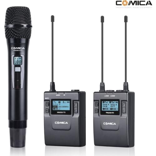 COMICA CVM-WM300B/D Metal UHF 96-channels Wireless Mono/Stereo Lavalier Interview Microphone with Built-in Battery for Canon Nik