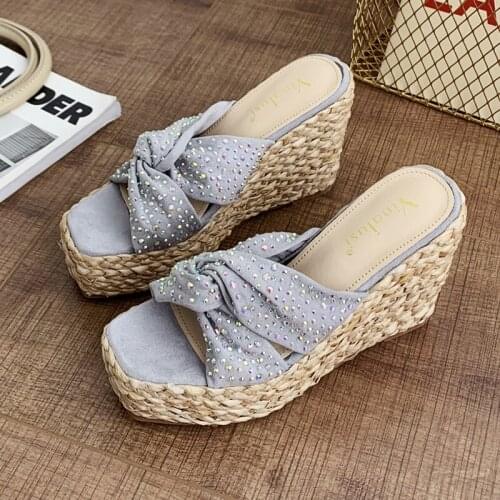 Exquisite rhinestone wedges with super high heel open-toed slippers summer new wild sweet and elegant ladies sandals