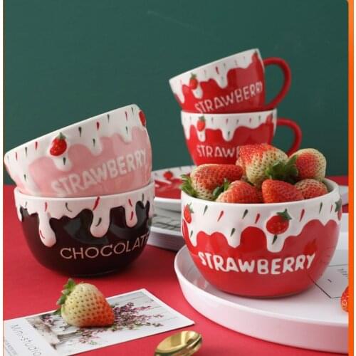 Cute Strawberry Ceramic Bowl Fruit Salad Bowl Yogurt Dessert Bowl Ins Tableware Rice Bowl Single Oatmeal Breakfast Bowl