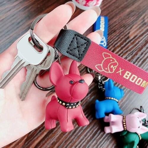 Fashion Punk French Bulldog Keychain PU Leather Dog Keychains for Women Bag Pendant Jewelry Trinket Mens Car Key Ring Key Chain