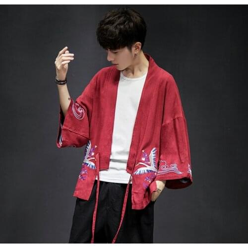 Mens Embroidery Japanese Kimono Floral Baggy Coats Cardigan Outwear Tops Size M-5XL Cotton Linen Black Wine Navy
