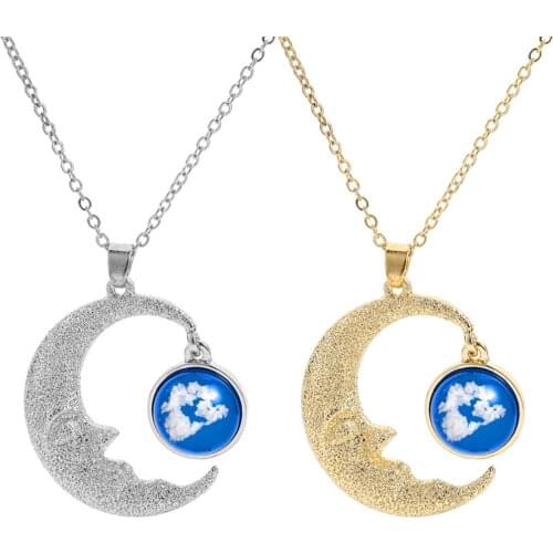 New Blue Sky White Cloud Pendant Necklace Resin Print Moon Necklace Fashion Wild Sweater Chain Necklace Women Jewelry Gifts