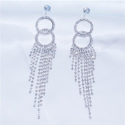 New Silver Color Rhinestone Circle Drop Earrings Long Tassel Earrings for Women Bridal Dangling Brincos Wedding Party Jewelry
