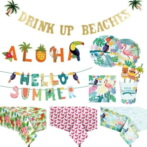 QIFU Hawaii Party Tableware Hello Summner ALOHA Banner Flamingo Tropical Hawaiian Party Decor Luau Holiday Summer Party Supplies