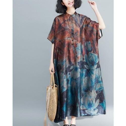 Short Sleeve Loose Summer Dress Print Floral Vintage Dress Stand Collar Button Blouse Dress Plus Size Casual Long Maxi Dress