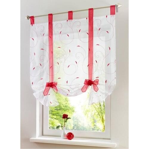 Embroidery Leaves Stitching Pattern Blinds for Kitchen Balcony Bow-Knot Sheer Curtain Tulle for Living Room Study Room Window