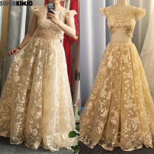 SuperKimJo 2 Piece Prom Dress Long Champagne Lace Applique Sparkly Elegant Prom Gown Vestidos De Fiesta Largos Elegantes De Gala