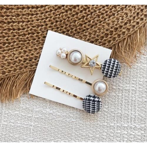 Retro Girls Houndstooth button pearl Hair Clips Hair Grip Hair Accessories Lip Round Barrettes Jewelry Womens Headwear