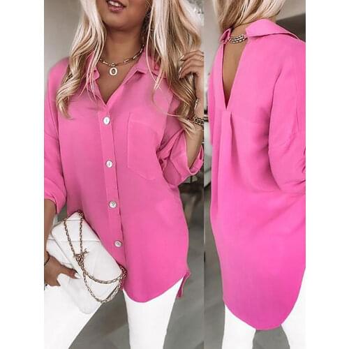 2021 Summer Autumn Women Sexy Workwear Double V-neck Three Quarter Sleeve Pink Long Top Chain Decor Buttoned Cutout Casual Shirt