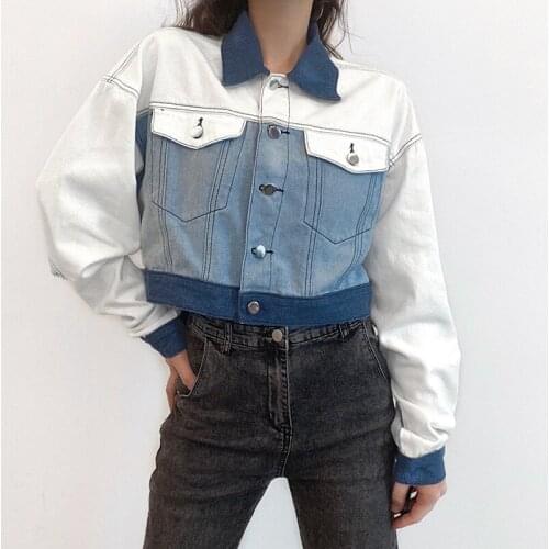 White Patchwork Denim Long Sleeve Loose Women Jacket Turn Down Collar Button Streetwear Female Coat Autumn Casual Clothes 2021