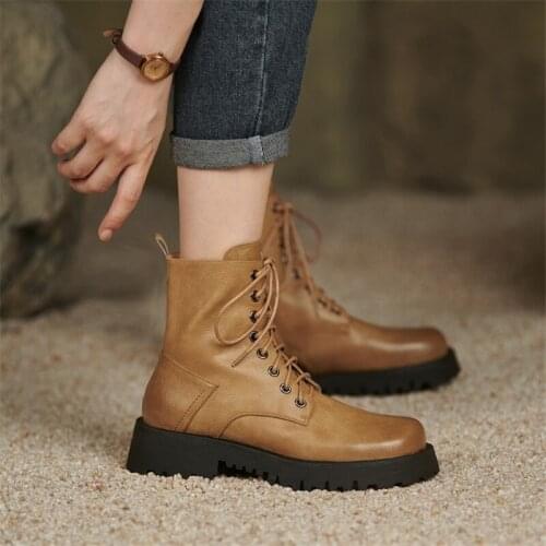 PXELENA Women Martin Boots Real Genuine Leather Lace Up Round Toe Med Heels 2021 Fall Winter Shoes Military Motorcycle Boot Lady