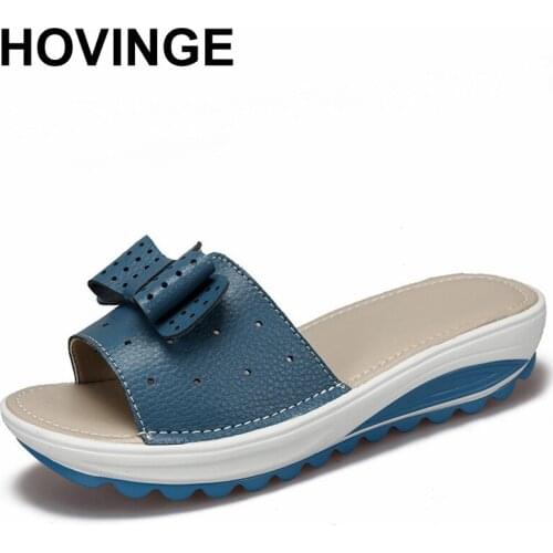 HOVINGE New Womens Slippers Cow Leather Women Flats Shoes Platform Wedges Female Slides Beach Flip Flops Summer Shoe Lady D024