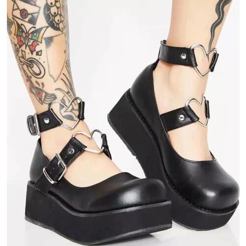2021 Spring New Plus Size 35-43 Sweet Gothic Style Girls Black Heart Metal Decoration Mary Janes Thick Bottom Single Shoes