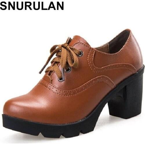 SNURULAN2019 spring autumn shoes woman 100% genuine leather women pumps lady leather round toe platform shallow mouth shoes size