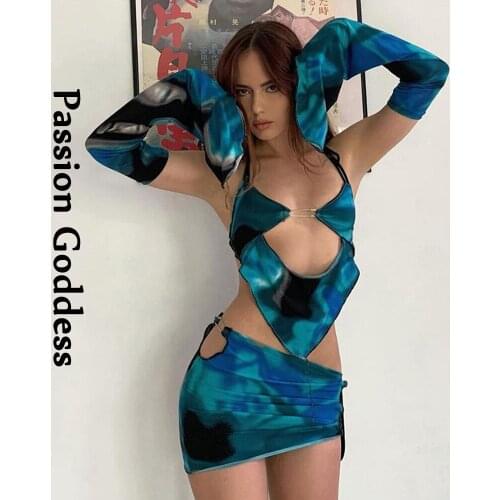 Sexy Women 2 Piece Skirts Sets Hollow Out Crop Tops Sleeve Bodycon Lace-up Bandage Mini Skirts Two Piece Outfits Party Y2k Suits