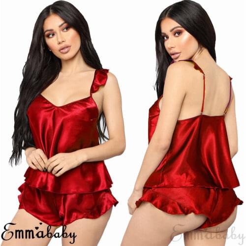 2pcs Women Silk Satin Lingerie Pajamas Set Sleepwear Tank Tops Shorts Babydoll Nightwear Women Nightwear Sleepwear