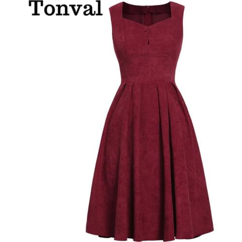 Tonval Button Front High Waist Pleated Corduroy Autumn Dress Burgundy Elegant Party Women Sleeveless Vintage Dresses