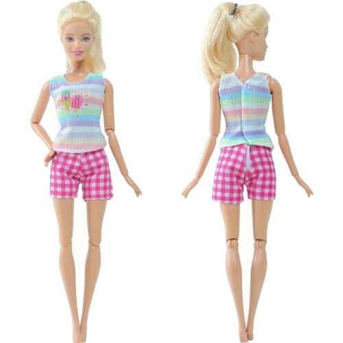 BJDBUS 1 Set Summer Cool Beach Outfit Red Shorts + Colorful T-shirt Daily Casual Clothes for Barbie Doll Accessories Toy