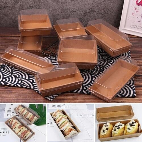 10pcs Rectangular Kraft Paper Box Packaging Sandwich Wrapping Boxes Party Decor Cake Bread Snack Packing Box Plastic Clear Lids