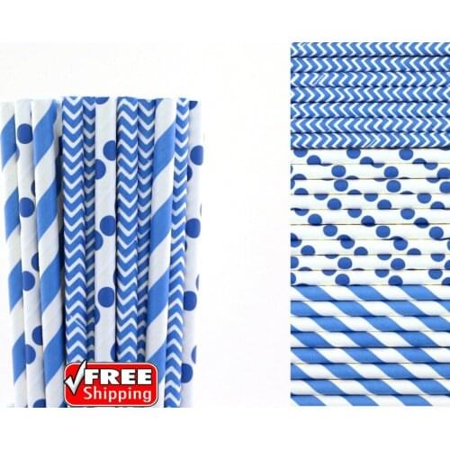 150pcs Mixed 3 Designs Bright Royal Blue Themed Paper Straws-Striped,Chevron,Polka Dot Birthday Party Wedding Cake Pop Sticks