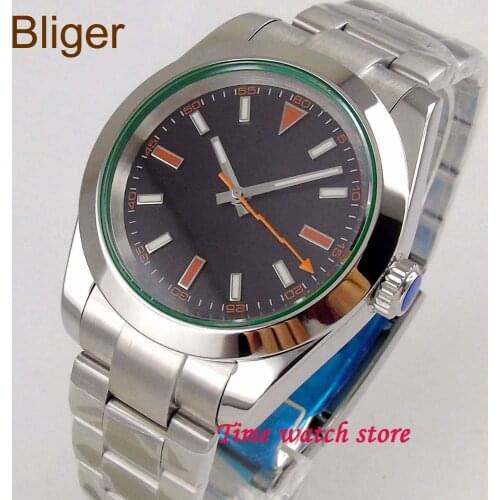 40mm Bliger Miyota 8215 automatic watch men waterproof steel strap black dial luminous sapphire glass polished bezel