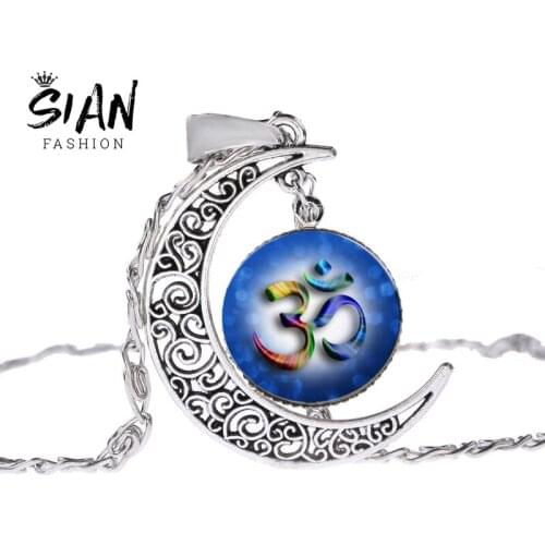 SIAN Spiritual Om Symbol Art Glass Moon Pendant Necklace Buddhism Zen Yoga Meditation Chakra Reiki Healing Necklace Hope Jewelry