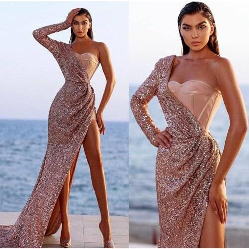 Sparkle One-Shoulder Evening Dresses Long 2021 Side Split Sequin Mermaid Prom Gowns Party Dress Sexy Custom vestido de fiesta