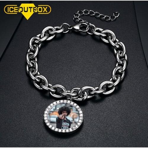 ICEOUTBOX Hip Hop Round Custom Picture Medallions Bracelet Miami Cuban Stainless Steel Mens Rapper Thick Chain Brangle Jewelry