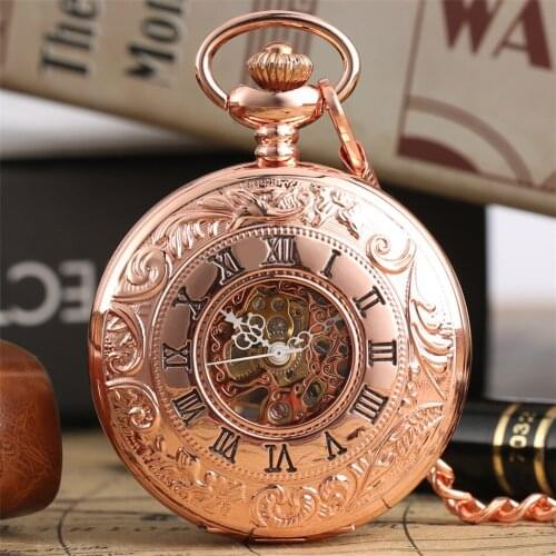 Rose Gold Mechanical Pocket Watch Hand Winding Pendant Antique Clock Roman Numeral Display Manual Mechanism Timepiece Gift Male