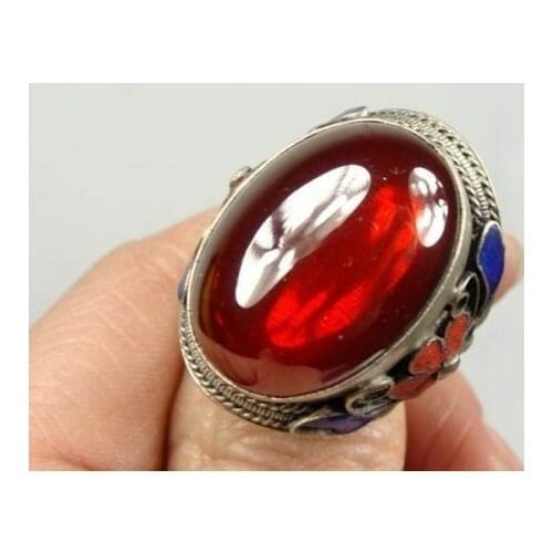 Collectible Chinese Inlay Jade Old Tibet Silver Cloisonne Flower Ring