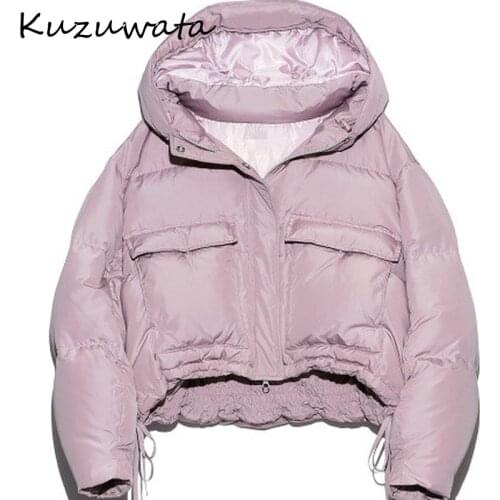 Kuzuwata Casual White Duck Down Jacket 2021 Japan Style New Down Coats Autumn Winter Double Pockets Drawstring Hooded Parkas