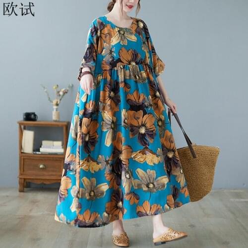Oversized Summer Cotton Linen Vintage Flower Dress Women Loose Casual Ladies Floral Dresses Mujer Femme New Fashion Dress 2021