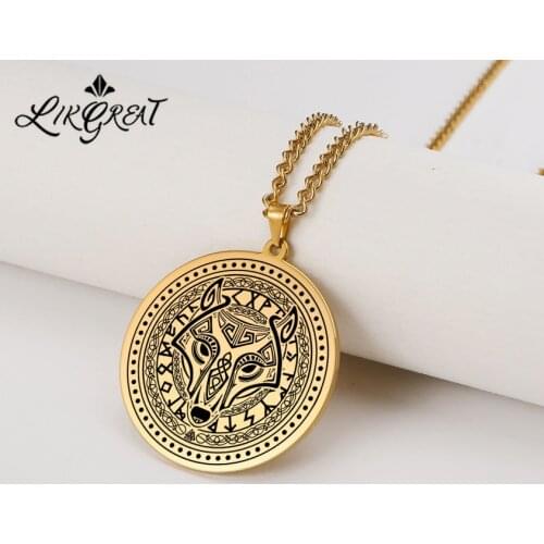 LIKGREAT Mens Stainless Steel Norse Viking Wolf Head Amulet Thor Hammer Pendant Necklace Wolves Talisman Wicca Punk Men Jewelry