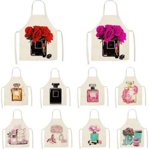 Linen New Hand Painted Flower Perfume Bottles Print Kitchen Aprons Unisex Dinner Party Cooking Bib Funny Pinafore Apron WQTF13