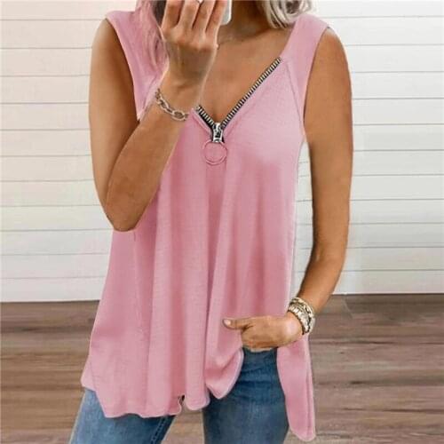 Zipper V Neck Solid Color Sleeveless Vest Tank 2021 Summer Women Casual Loose Shoulder Strap Fashion Streetwear Tanks Tops