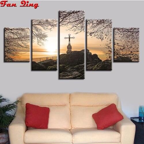 5 Pcs Full Square/Round Drill 5D DIY Diamond Painting Island Sunset Tree Landscape Embroidery Cross Stitch 3D Home Decor