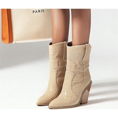 Autumn Winter 2020 Thick High Heels Womens Western Cowboy Boots D Knight Stone Patent Leather Short Ankle Boots Shoes For Women