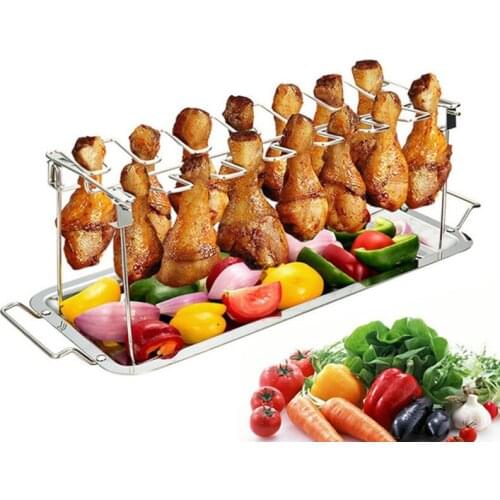 BBQ Chicken Leg Wing Grill Cooking Rack 14 Slots BBQ Chicken Leg Roaster Stainless Steel Chicken Wing Rack with Drip Pan