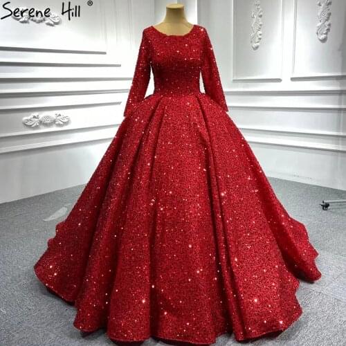 Serene Hill Muslim Red Luxury Wedding Dresses 2021 Sparkle Beaded Long Sleeves Bridal Gowns HA2513 Custom Made