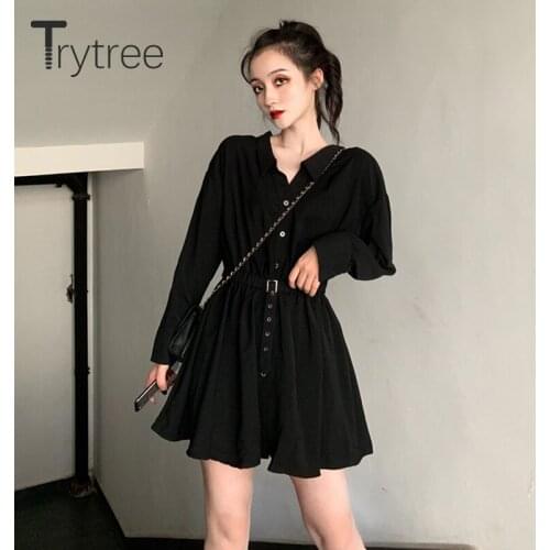 Trytree 2020 Spring Women Dress Casual Turn-down Collar Single Breasted Elastic Waist Fashion A-line Mini Black Shirt Dress
