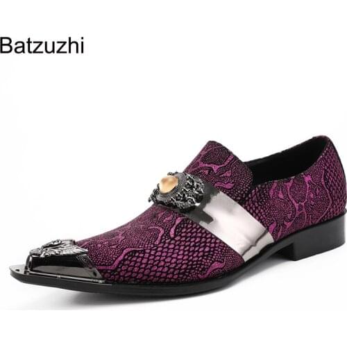 Batzuzhi New Design Men Shoes Pointed Iron Head Purple Leather Dress Shoes Men Personality Party and Wedding Zapatos Hombre