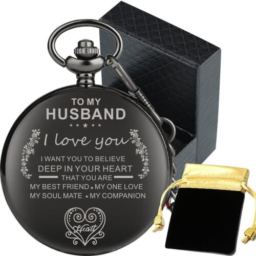 Vintage Smooth Black To My Husband, Love Your Wife Series Birthday Anniversary Gifts Pocket Pendant Clock Fob Chain Present