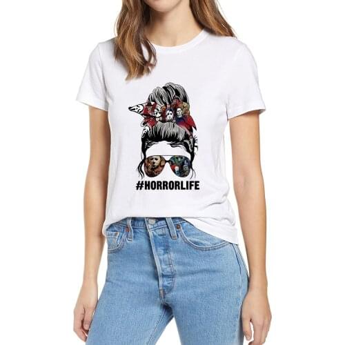 Halloween Horror Life Messy Bun Hair Girl Funny Summer Women 100% Cotton Novelty T-Shirt EU Size Casual Soft Tee Streetwear Gift